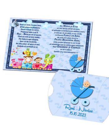 Invitatie puzzle botez, trenulet si carucior bebe, nuanta bleu-albastru