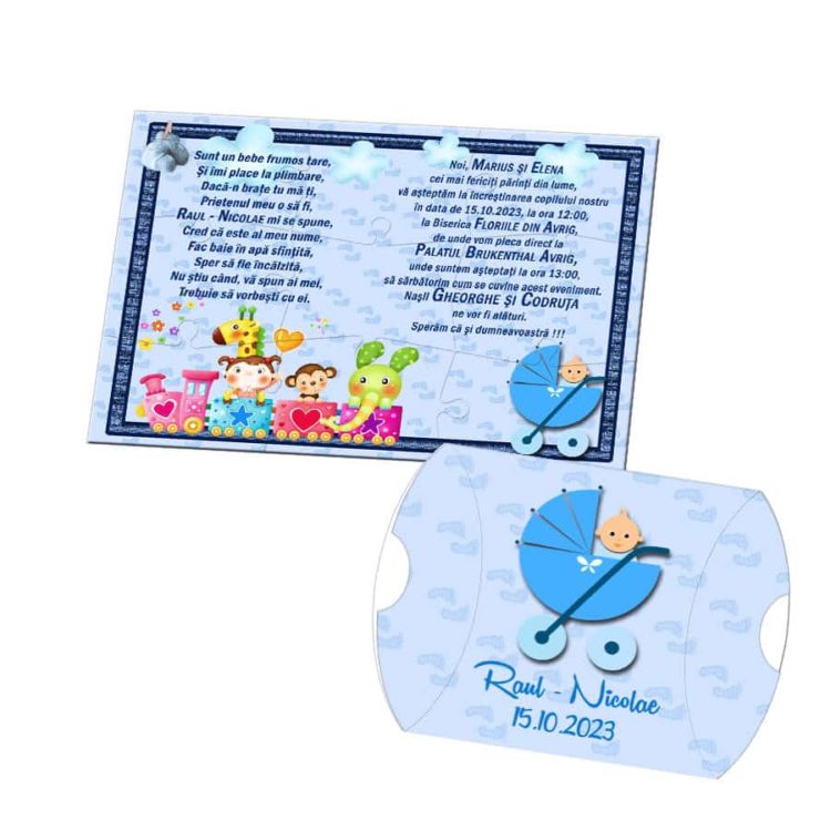 Invitatie puzzle botez, trenulet si carucior bebe, nuanta bleu-albastru