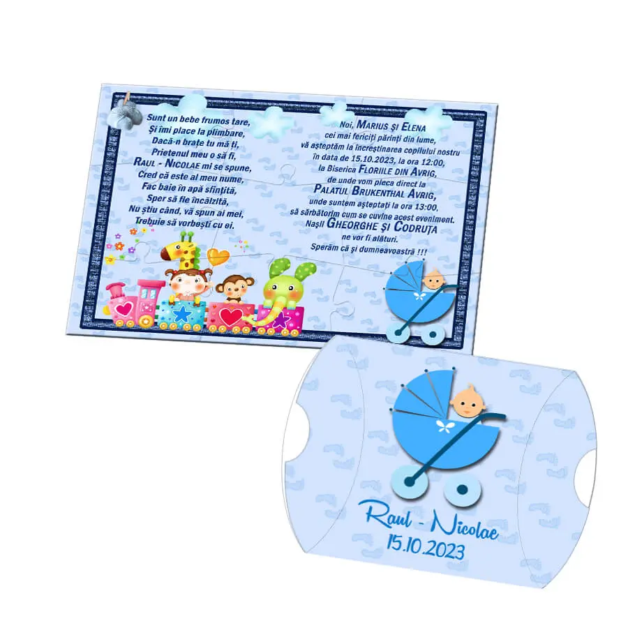 Invitatie puzzle botez, trenulet si carucior bebe, nuanta bleu-albastru 1 Invitatie puzzle botez, trenulet si carucior bebe, nuanta bleu-albastru