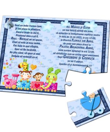 Invitatie puzzle botez, trenulet si carucior bebe, nuanta bleu-albastru