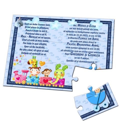 Invitatie puzzle botez, trenulet si carucior bebe, nuanta bleu-albastru