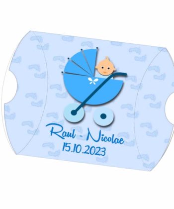 Invitatie puzzle botez, trenulet si carucior bebe, nuanta bleu-albastru