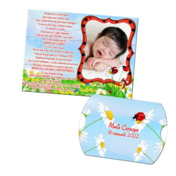 Invitatie botez cu buburuze puzzle 12 piese, invitatie tip joc puzzle