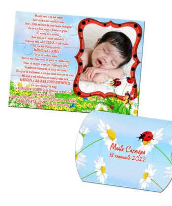 Invitatie botez cu buburuze puzzle 12 piese, invitatie tip joc puzzle