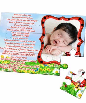 Invitatie botez cu buburuze puzzle 12 piese, invitatie tip joc puzzle