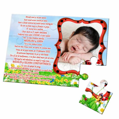 Invitatie botez cu buburuze puzzle 12 piese, invitatie tip joc puzzle