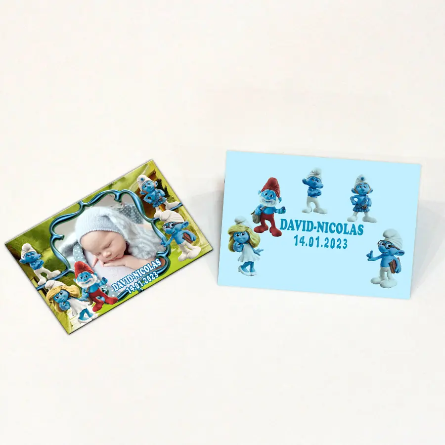 Marturii botez, tematica strumfi, 9.5 cm x 6.5 cm 4 Marturii botez, tematica strumfi, 9.5 cm x 6.5 cm