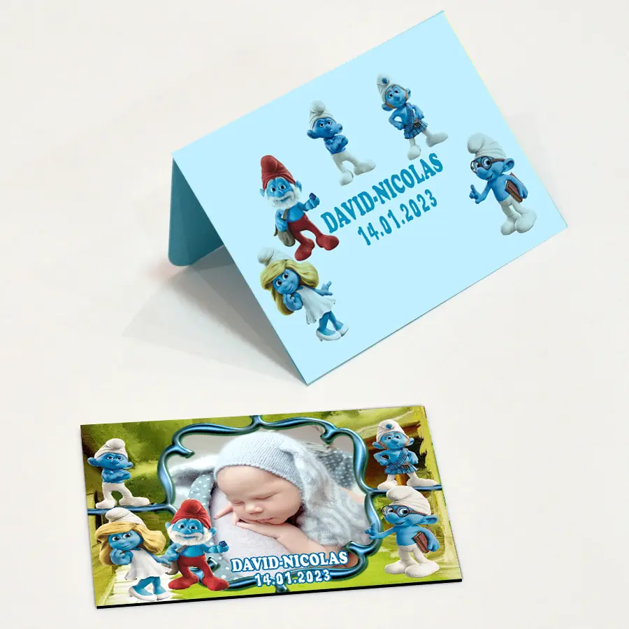 Marturii botez, tematica strumfi, 9.5 cm x 6.5 cm 1 Marturii botez, tematica strumfi, 9.5 cm x 6.5 cm