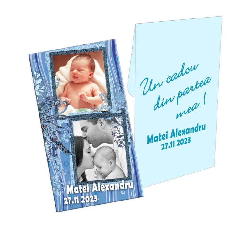 Marturie botez, personalizare cu doua fotografii, plic bleu