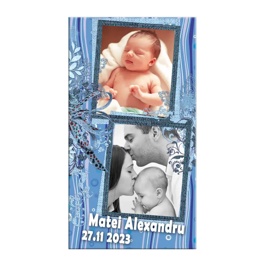 Marturie botez, personalizare cu doua fotografii, plic bleu 2 Marturie botez, personalizare cu doua fotografii, plic bleu