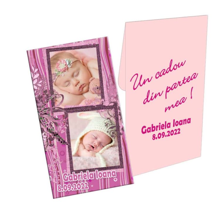 Marturie botez, personalizare cu doua fotografii, plic roz