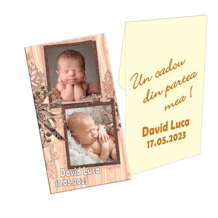 Marturie botez, personalizare cu doua fotografii, plic crem