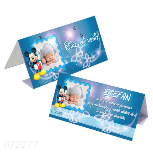 Plic pentru dar botez tematica Mickey Mouse, nuanta albastra, personalizat cu fotografie