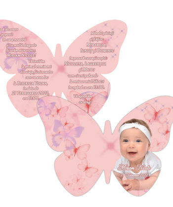 Invitatie botez fluture roz, personalizata cu fotografie si text