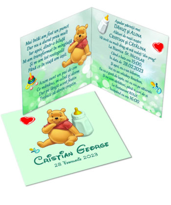 Invitatie botez tematica Winnie si prietenii, personalizata cu fotografie si text, dimensiune 18×9 cm