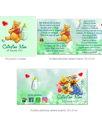 Invitatie botez tematica Winnie si prietenii, personalizata cu fotografie si text, dimensiune 18×9 cm