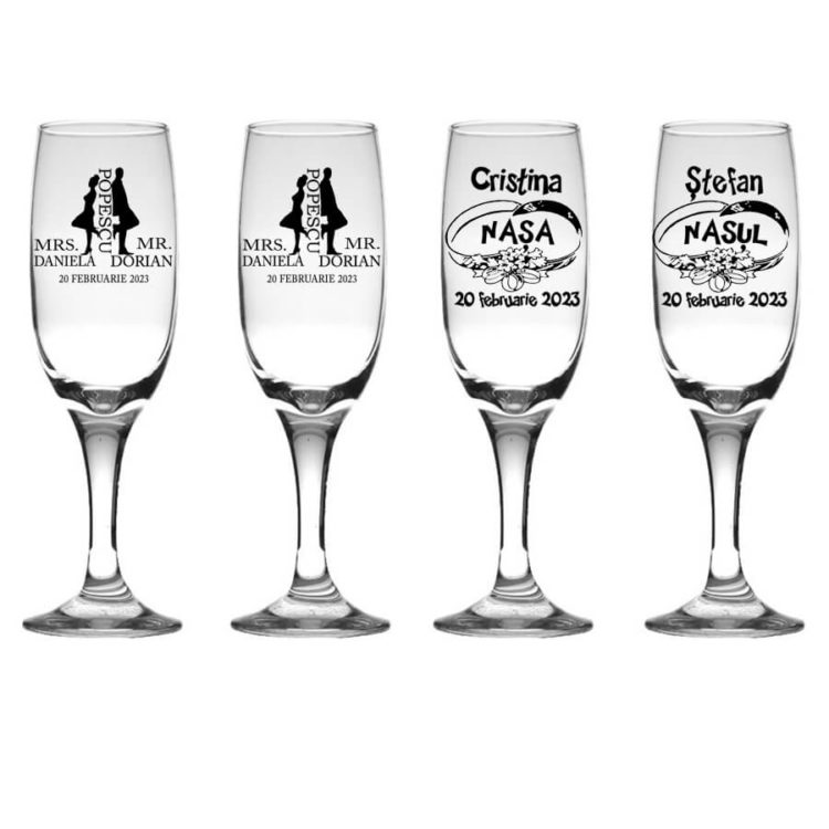 Set 4 pahare miri personalizate, pahare sampanie pentru nunta MR si MRS