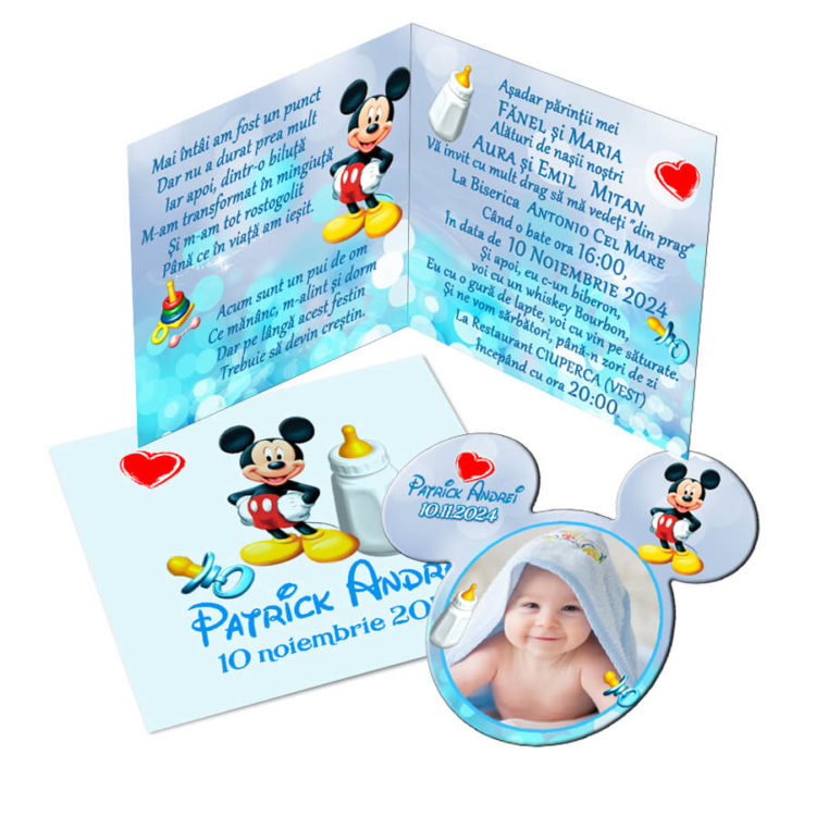 Invitatii botez model Mickey Mouse, 2 in 1 invitatie plus marturie magnet forma Mickey
