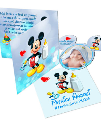 Invitatii botez model Mickey Mouse, 2 in 1 invitatie plus marturie magnet forma Mickey