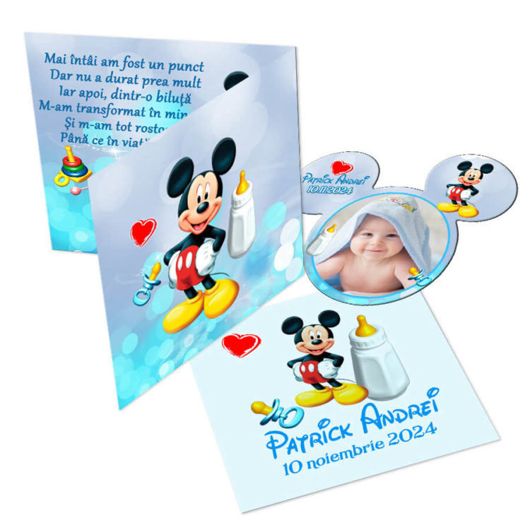 Invitatii botez model Mickey Mouse, 2 in 1 invitatie plus marturie magnet forma Mickey