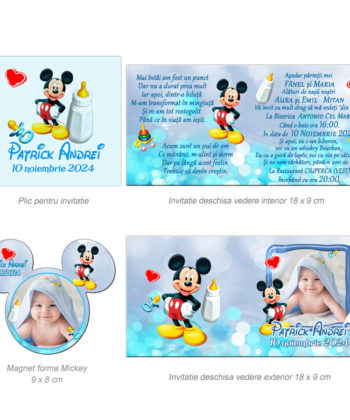 Invitatii botez model Mickey Mouse, 2 in 1 invitatie plus marturie magnet forma Mickey
