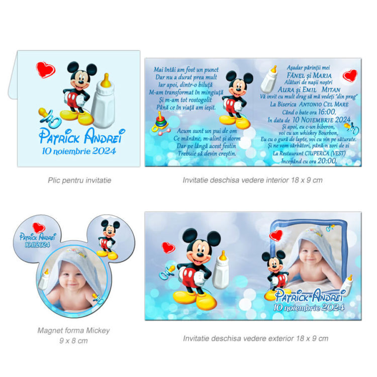 Invitatii botez model Mickey Mouse, 2 in 1 invitatie plus marturie magnet forma Mickey