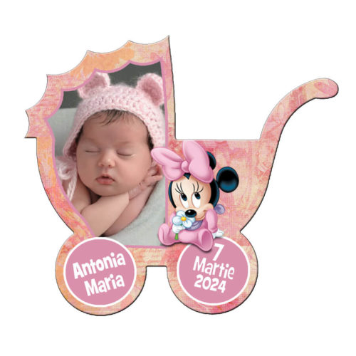 Marturie botez magnet forma carucior Minnie Mouse, plic roz inclus