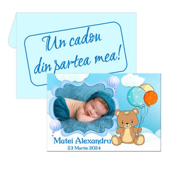 Marturii botez tematica ursulet cu baloane, plic bleu inclus