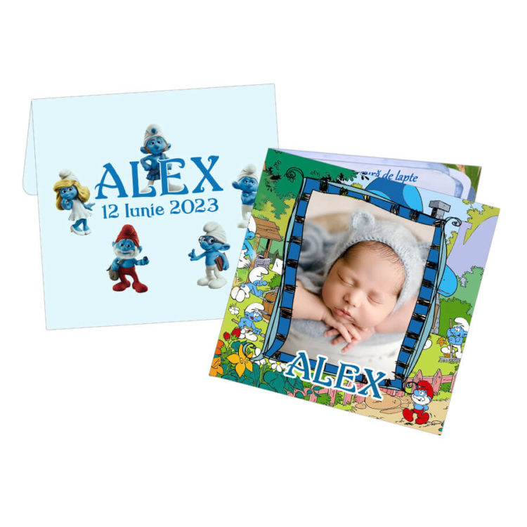 Invitatie botez tematica Strumfi, personalizata cu fotografie si text, dimensiune 18×9 cm