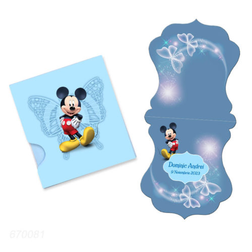 Invitatii botez personalizate cu fotografie, forma vintage, tematica Mickey, culoare bleu