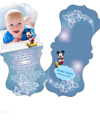 Invitatii botez personalizate cu fotografie, forma vintage, tematica Mickey, culoare bleu