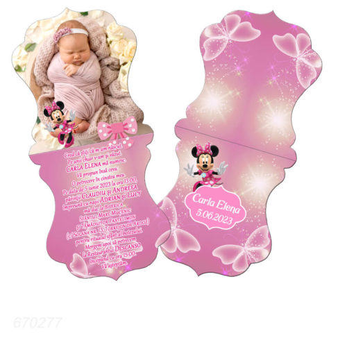 Invitatii botez personalizate cu fotografie, forma vintage, tematica Minnie, culoare roz