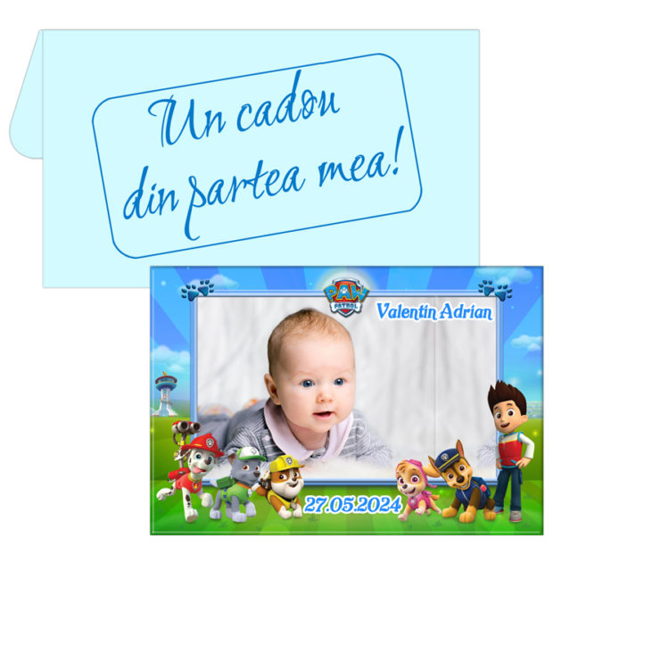 Marturii botez tematica Paw Patrol, plic bleu inclus