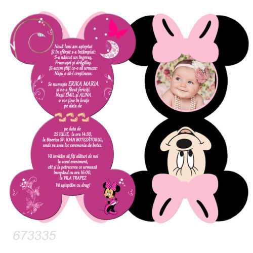 Invitatie pentru botez forma Minnie Mouse roz