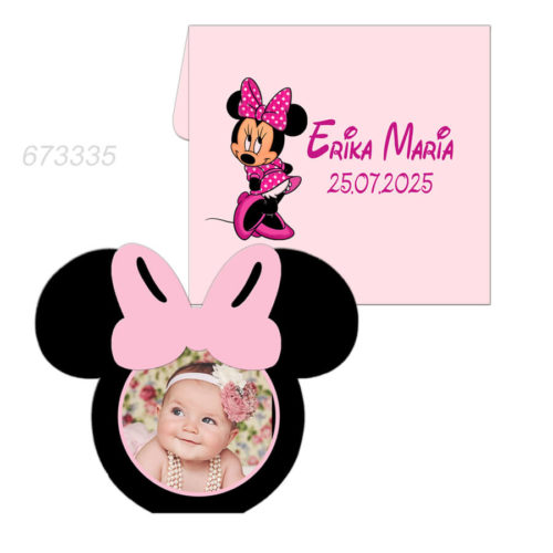 Invitatie pentru botez forma Minnie Mouse roz