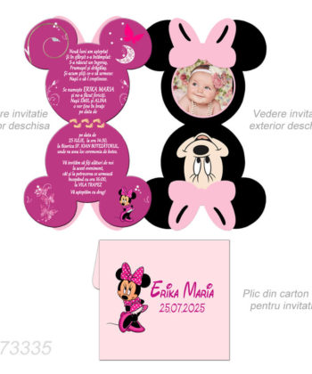 Invitatie pentru botez forma Minnie Mouse roz