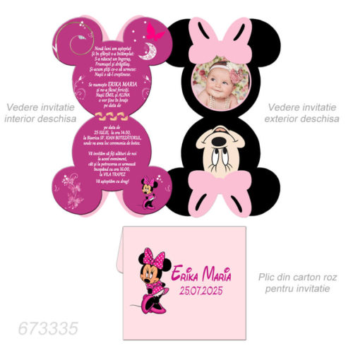 Invitatie pentru botez forma Minnie Mouse roz