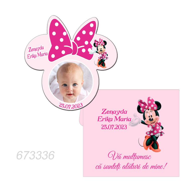 Marturii botez magnet Minnie Mouse roz cu plicuri personalizate incluse