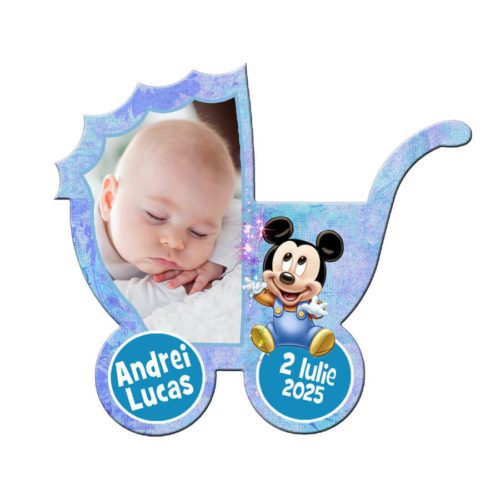 Marturii magneti botez Mickey Mouse, forma carucior cu plic inclus