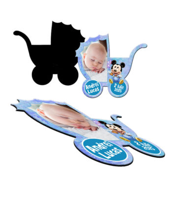 Marturii magneti botez Mickey Mouse, forma carucior cu plic inclus