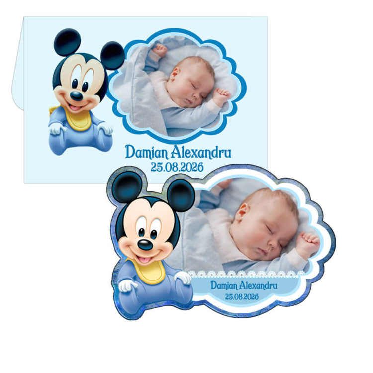 Marturii botez Mickey magneti PLASTIFIATI cu plicuri personalizate