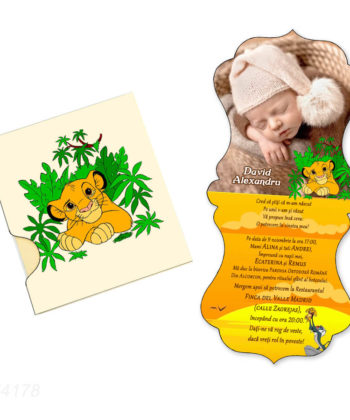 Invitatii botez personalizate cu fotografie, forma vintage, tematica Lion King
