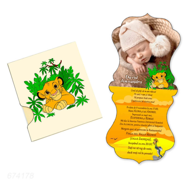 Invitatii botez personalizate cu fotografie, forma vintage, tematica Lion King