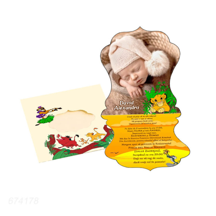Invitatii botez personalizate cu fotografie, forma vintage, tematica Lion King