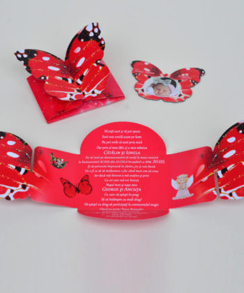 Invitatie botez forma fluture rosu