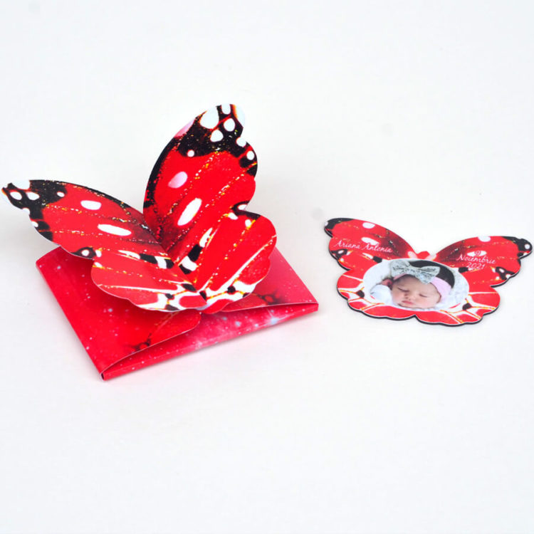 Invitatie botez forma fluture rosu