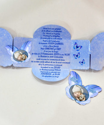 Invitatie botez forma fluture albastru