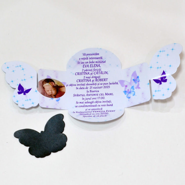 Invitatie botez forma fluture alb - lila
