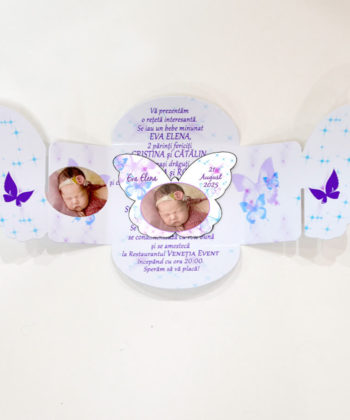 Invitatie botez forma fluture alb - lila