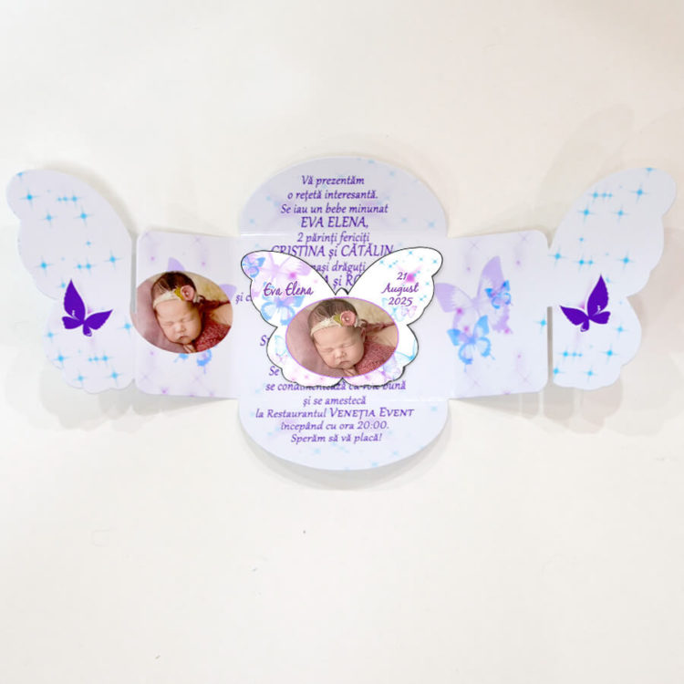 Invitatie botez forma fluture alb - lila